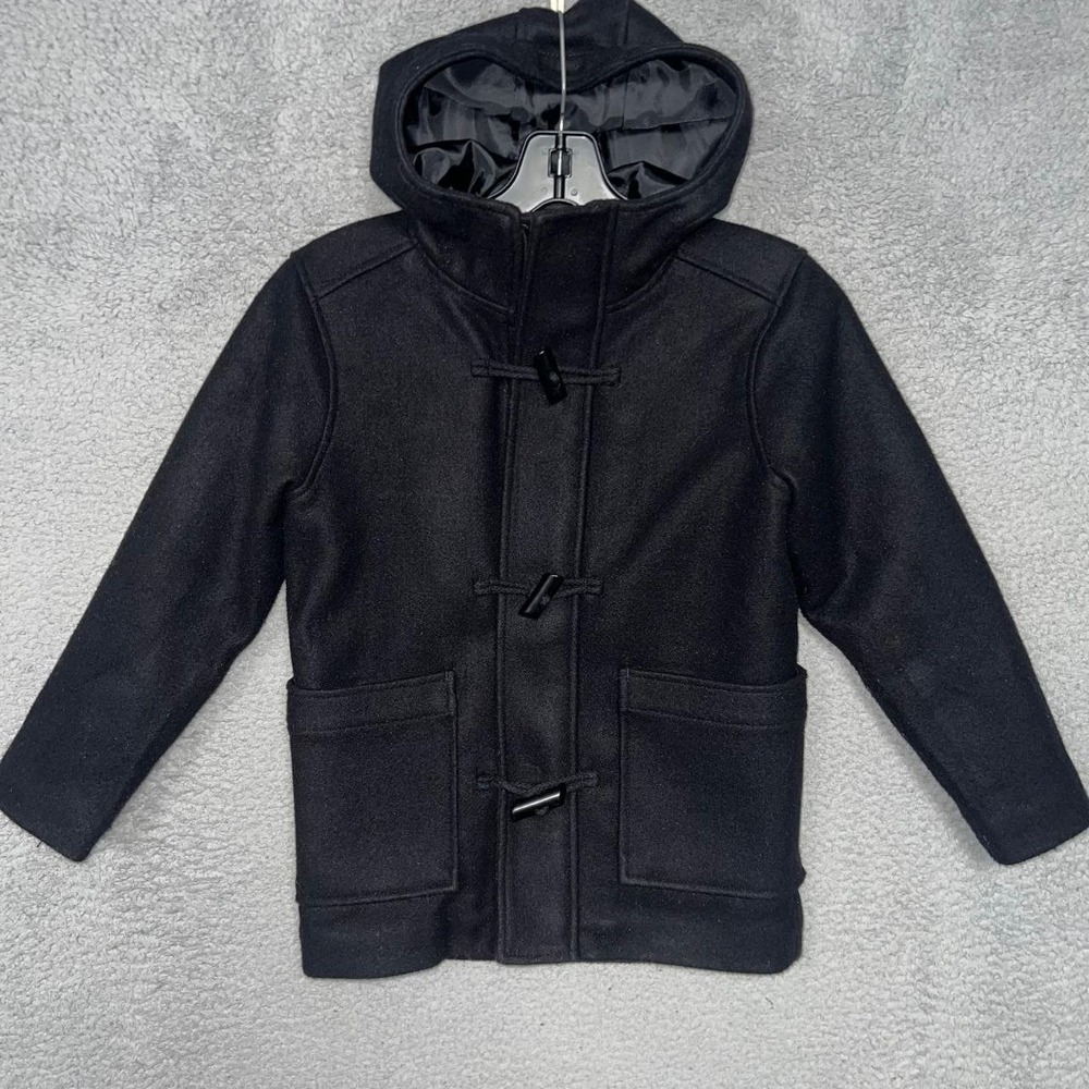 Old Navy Duffle Coat Youth Size S Black Hooded Wool Blend Full Zip Tuggle Jacket